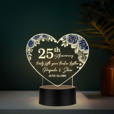 Personalized 25th Anniversary Acrylic LED Lamp with UV Print – Custom Names & Date Silver Jubilee Gift Warm White Light
